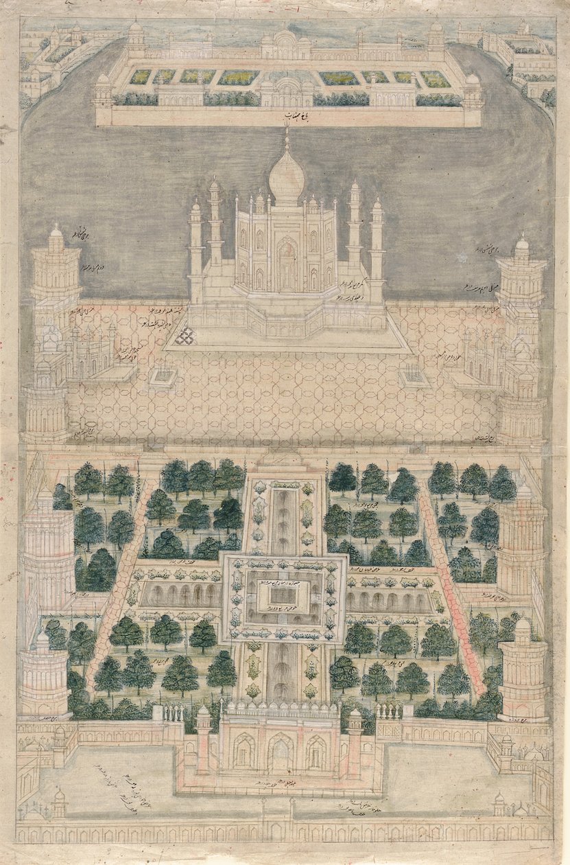 Pohled z ptačí perspektivy na Tádž Mahal v Ágře, 1790-1810 od Indian School