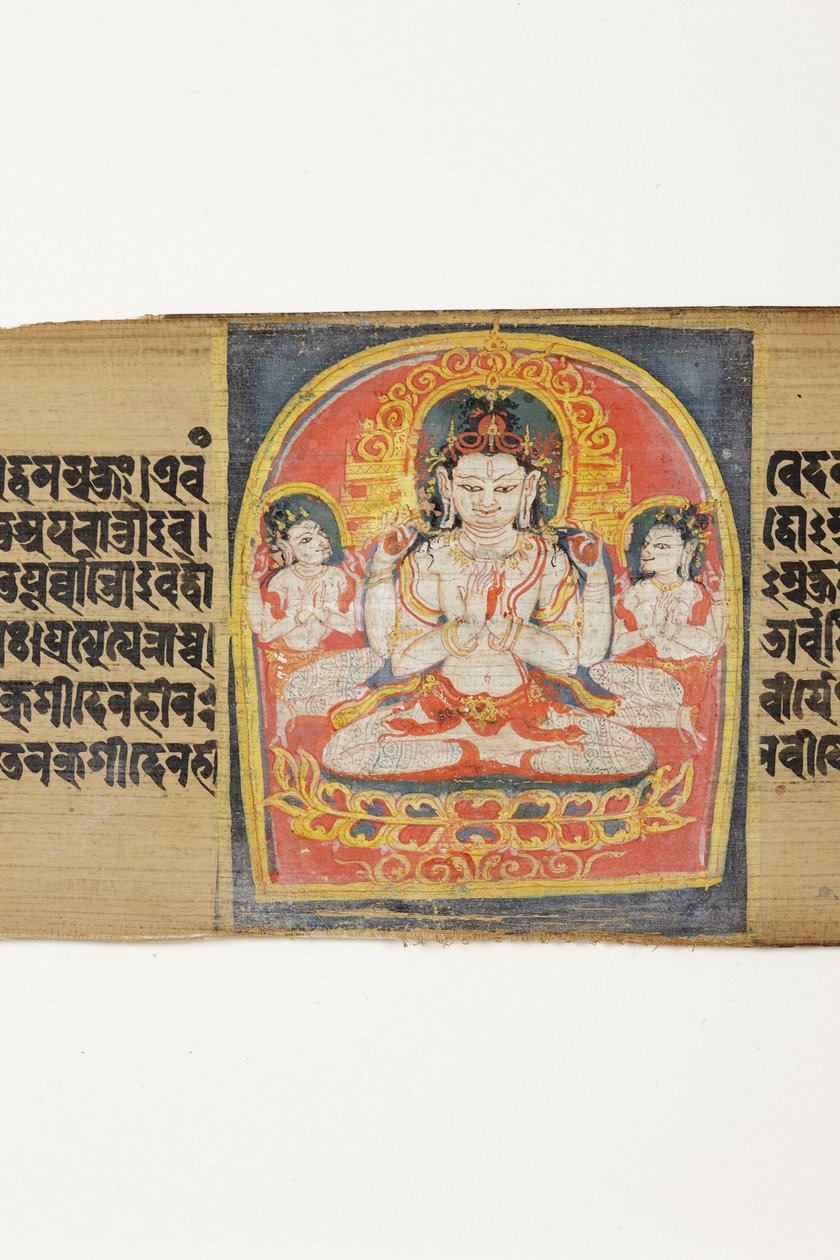 Bódhisattva Sadakshi Awolokiteshwara and Attendants, CII-1 (OPQ w & inc na palmovém listu) od Indian School