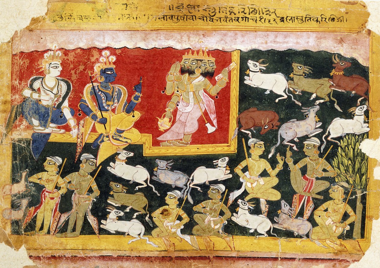 Brahma vzdávající hold Krišnovi jako inkarnaci Višnua, kolem 1540-1575 od Indian School