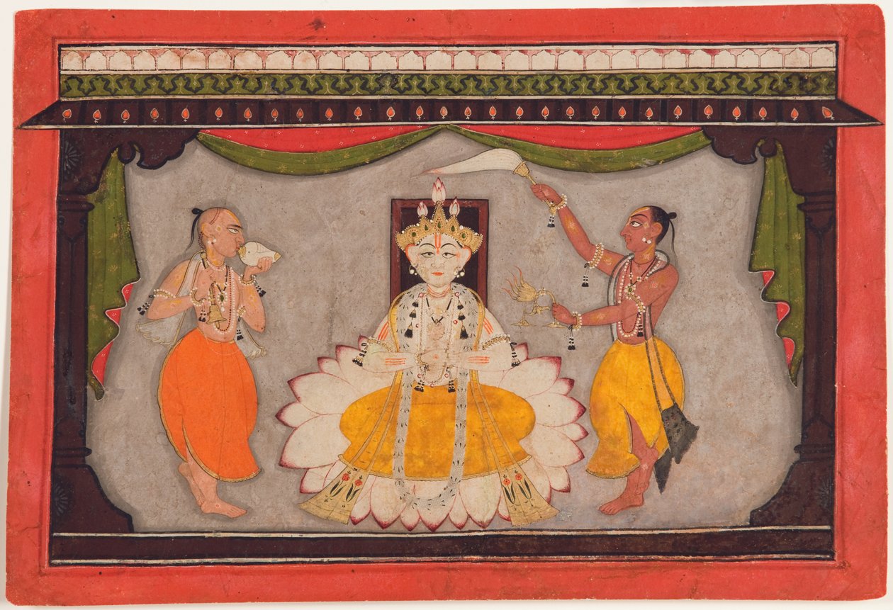 Buddha avatar Višnua, cca 1700 (neprůhledné wc, zlaté a broučí krunýře na papíře) od Indian School