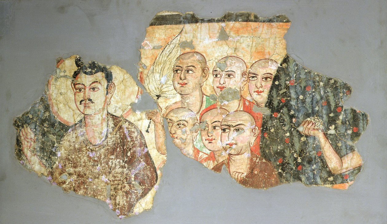 Buddha se svými šesti učedníky, z Miranu, malba 3.-4. století (nástěnná malba) od Indian School