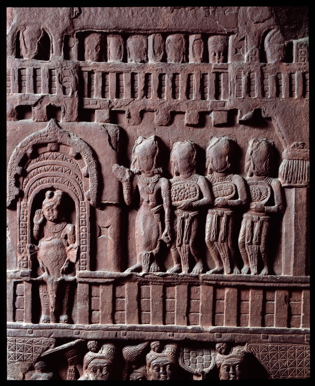 Buddhismus: “”Detail vítězství nad Marou”” (Vítězství nad Marou) detail du stupa de Bharhut (Barhut, Barouth) Černý kamenný reliéf, 2. století př. n. l. (2. stol. př. n. l.) - Kalkata, indické muzeum od Indian School