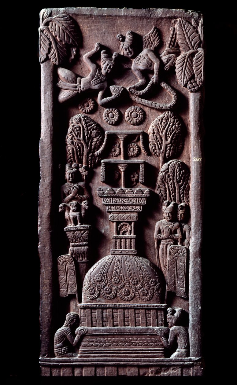 Buddhismus: “” Mahaparinirva a ou parinirvana, konec pozemské existence Buddhy, dosažení nirvány”” (Parinirvana, konečná nirvána, ke které dochází po smrti těla Buddhy) detail du stupa de Bharhut (Barhut, Barouth) Nízký reliéf černé od Indian School