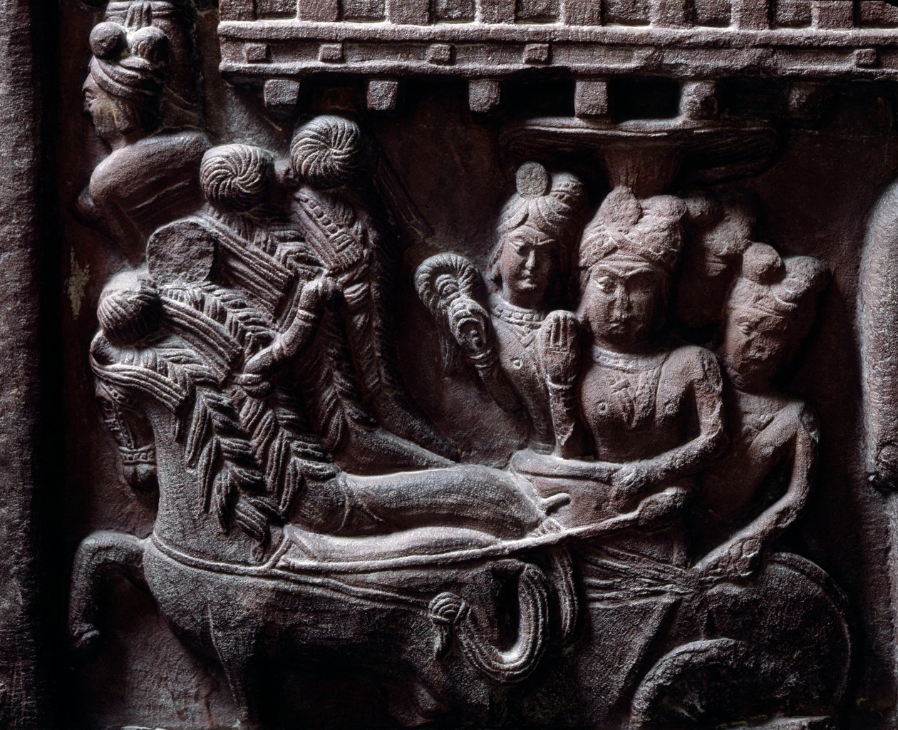 Buddhismus: “” Poslední návštěva Prasendžita u Buddhy” (poslední návštěva Prasandžita u Buddhy) detail du stupa de Bharhut (Barhut, Barouth) Nízký reliéf černého kamene, 2. století př. n. l. (2. století př. n. l.) - Kalkata, indické muzeum od Indian School