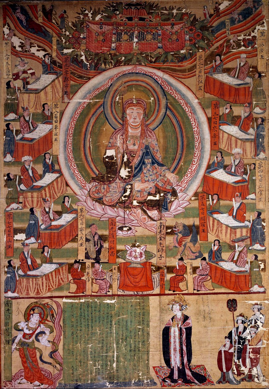 Buddhismus: „“ Bódhisattva (nebo bódhisatta) Ti-tsang, mistr šesti podmínek a deset králů pekel (Ksitigarbha)““ Obraz z roku 983, Indie. Ztlumit. 0,22x0,4m. Paříž, Guimetovo muzeum, Národní muzeum asijského umění od Indian School