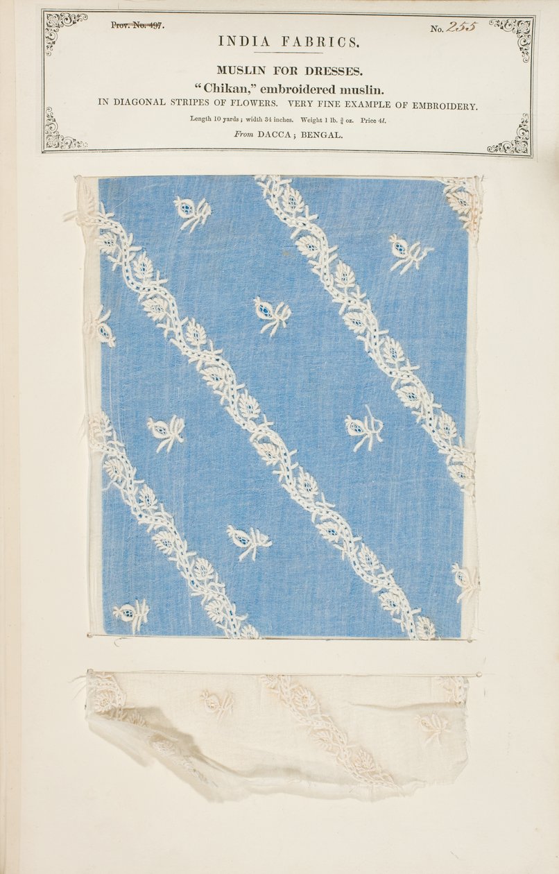 Vzorek čikanského vyšívaného mušelínu z Daccy v Bengálsku, ze sbírky The Collection of the Textile Manufacturers of India od Johna Forbese Watsona, vydané v roce 1866. od Indian School