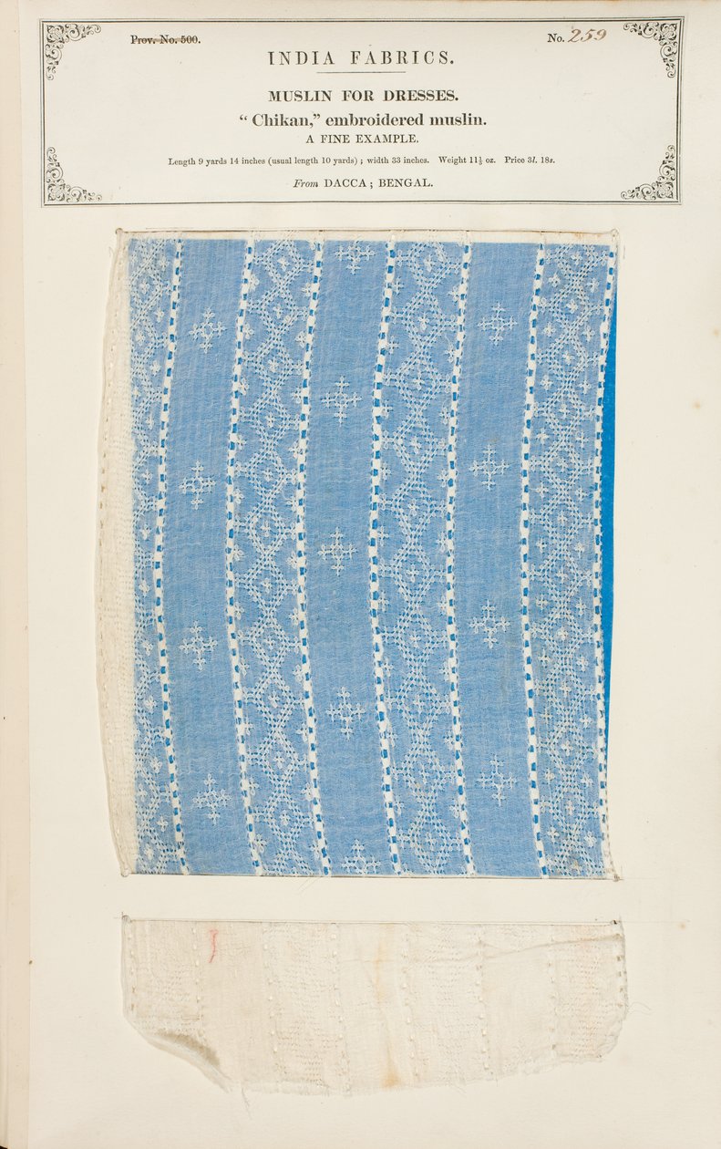 Vzorek čikanského vyšívaného mušelínu z Daccy v Bengálsku, ze sbírky The Collection of the Textile Manufacturers of India od Johna Forbese Watsona, vydané v roce 1866. od Indian School