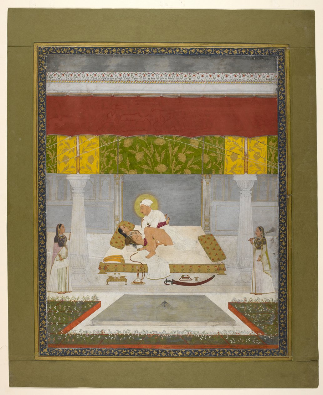 Čitarman II (Kaljan Dás), Muhammad Šáh se miluje, asi 1735 (kvaš na papíře) od Indian School