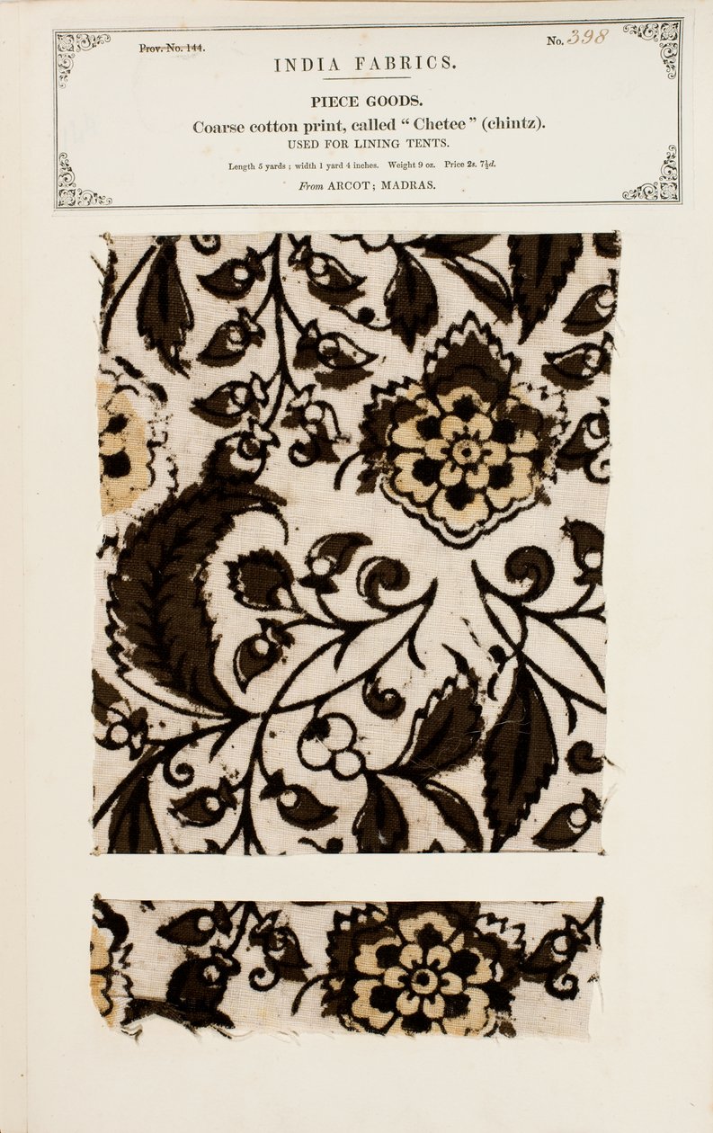 Vzorek hrubé bavlny se vzorem chetee (chintz) z Arcotu v Madrásu, ze sbírky The Collection of the Textile Manufacturers of India od Johna Forbese Watsona, vydané v roce 1866. od Indian School
