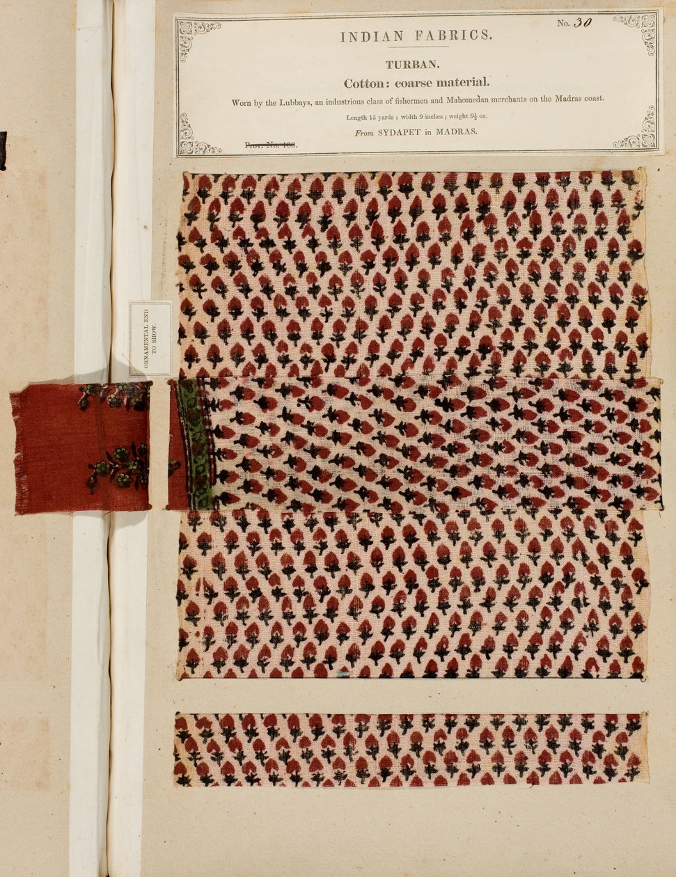 Vzorek turbanu z hrubé bavlny ze Sydapetu v Madrásu, ze Sbírky textilních výrobců Indie od Johna Forbese Watsona, vydané v roce 1866. od Indian School
