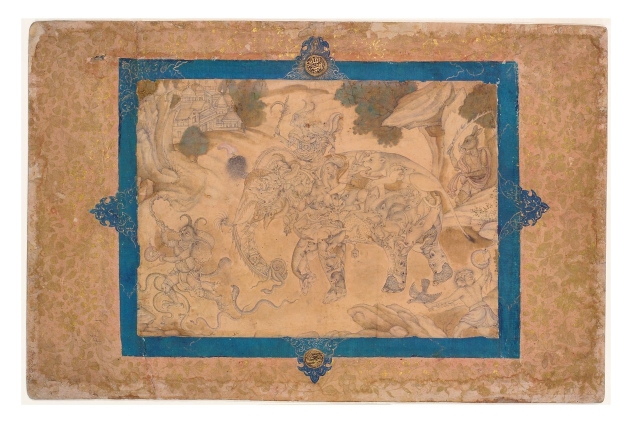 Composite Elephant and Other Creatures, cca 1600 (neprůhledné wc a zlato na papíře) od Indian School