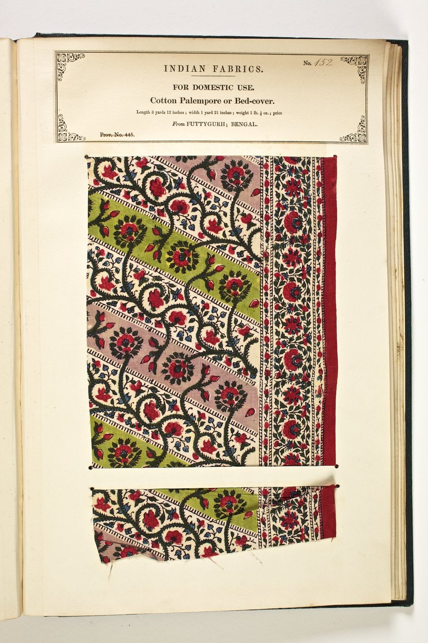 Cotton Palempore nebo Bed Cotton, Fatehgarh, Uttar Pradesh, Indie, pro domácí použití, č. 152 z "The Collection of the Textile Manufacturers of India", od Johna Forbese Watsona, vydané v roce 1866 od Indian School