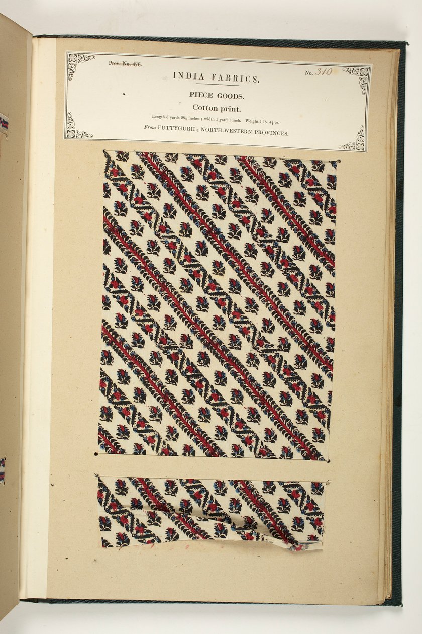 Cotton Print, Fatehgarh, Uttar Pradesh, Indie, Kusové zboží, č. 310 z „The Collection of the Textile Manufacturers of India“, od Johna Forbese Watsona, vydané v roce 1866 (smíšená média) od Indian School
