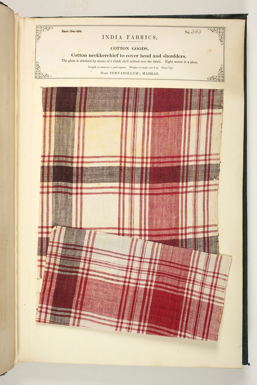 Bavlněný nákrčník na zakrytí hlavy a ramen z Ventapollum v Madrasu, z „The Collection of the Textile Manufacturers of India“, od Johna Forbese Watsona, vydané v roce 1866 (smíšená média) od Indian School
