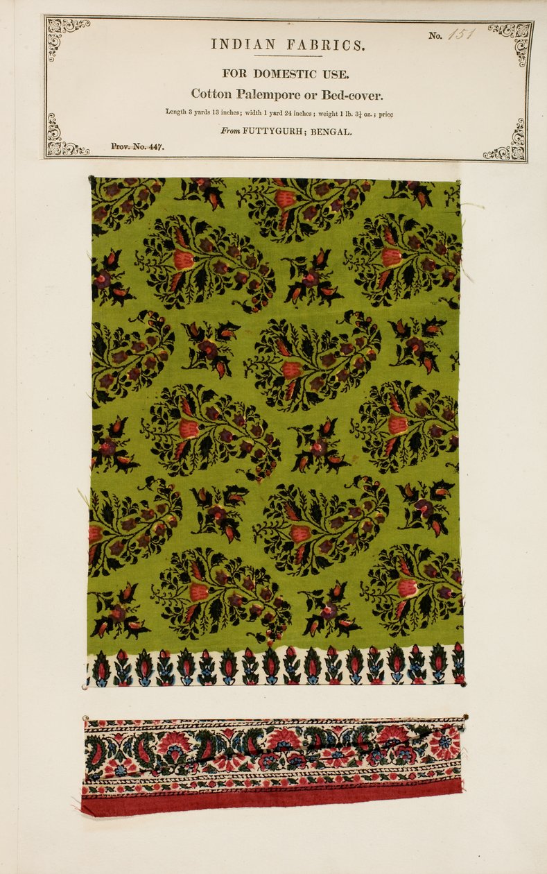 Vzorek bavlněného palempore nebo lůžkovin z Futtygurghu v Bengálsku, ze sbírky The Collection of the Textile Manufacturers of India od Johna Forbese Watsona, vydané v roce 1866. od Indian School