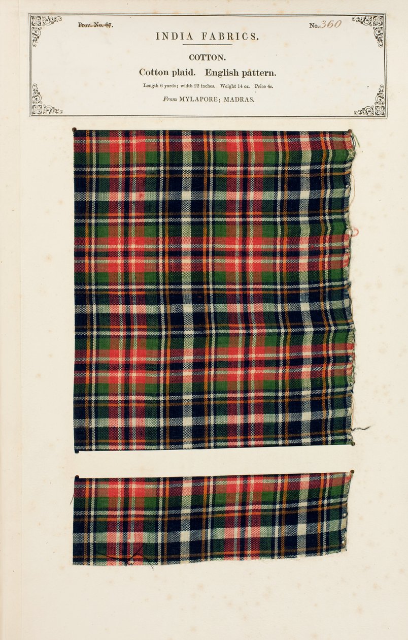 Vzorek bavlněného plédu z Mylapore v Madrásu, ze Sbírky indických textilních výrobců od Johna Forbese Watsona, vydané v roce 1866. od Indian School