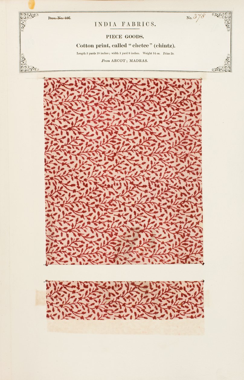 Bavlněný vzorek s potiskem chetee (chintz) z Arcotu v Madrásu, ze sbírky The Collection of the Textile Manufacturers of India od Johna Forbese Watsona, vydané v roce 1866. od Indian School