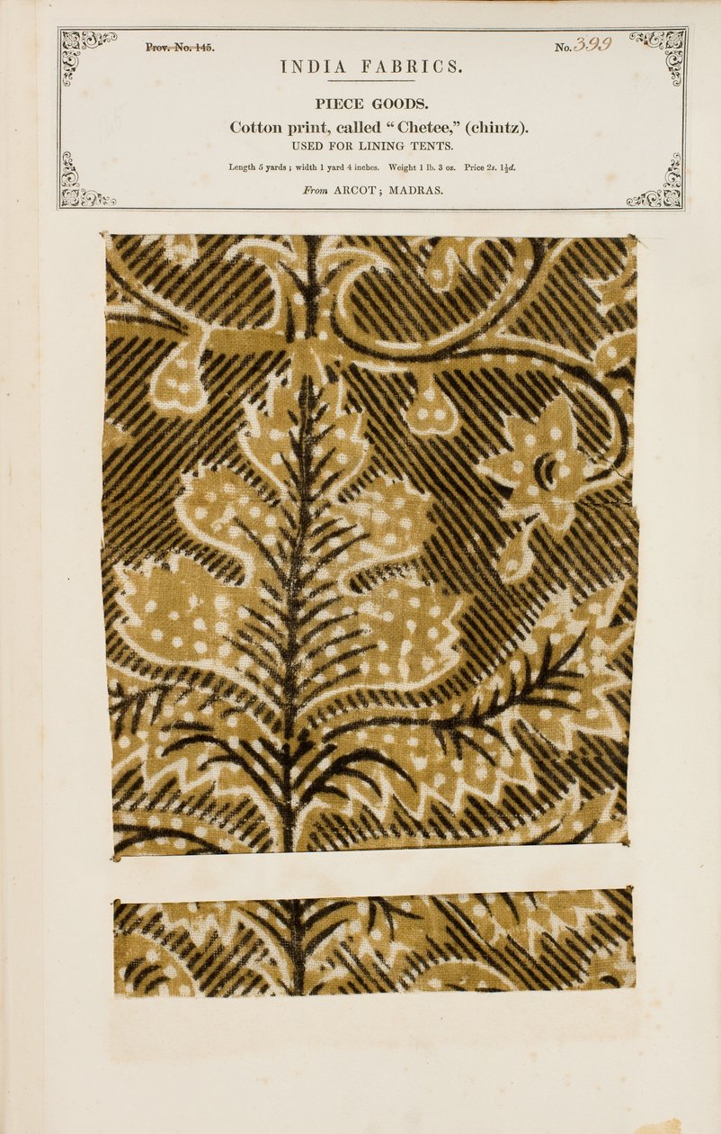 Bavlněný vzorek s potiskem chetee (chintz) z Arcotu v Madrásu, ze Sbírky textilních výrobců Indie od Johna Forbese Watsona, vydané v roce 1866. od Indian School