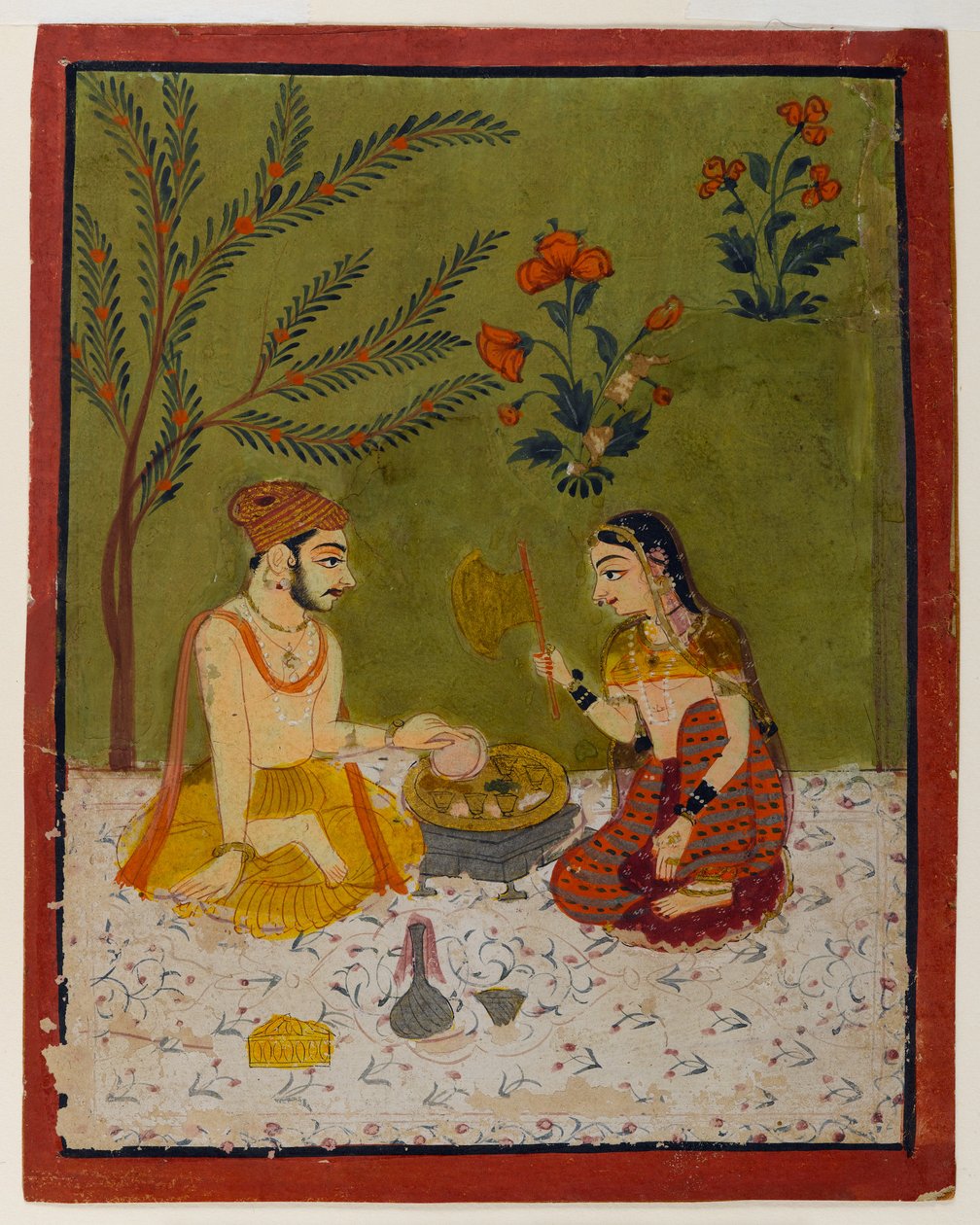 Pár sedící pod stromem, cca 1700 (wc a zlato na papíře) od Indian School