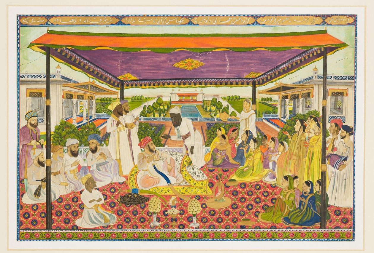 Soudní scéna s panoramatickým palácem a zahradním pozadím od Indian School