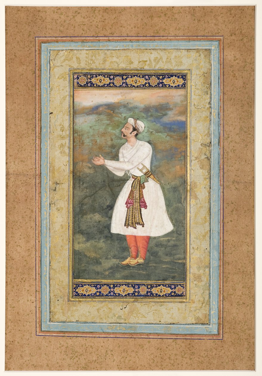 Courtier stojící v postoji velkého respektu, kolem 1575 (neprůhledné wc a zlato na papíře) od Indian School