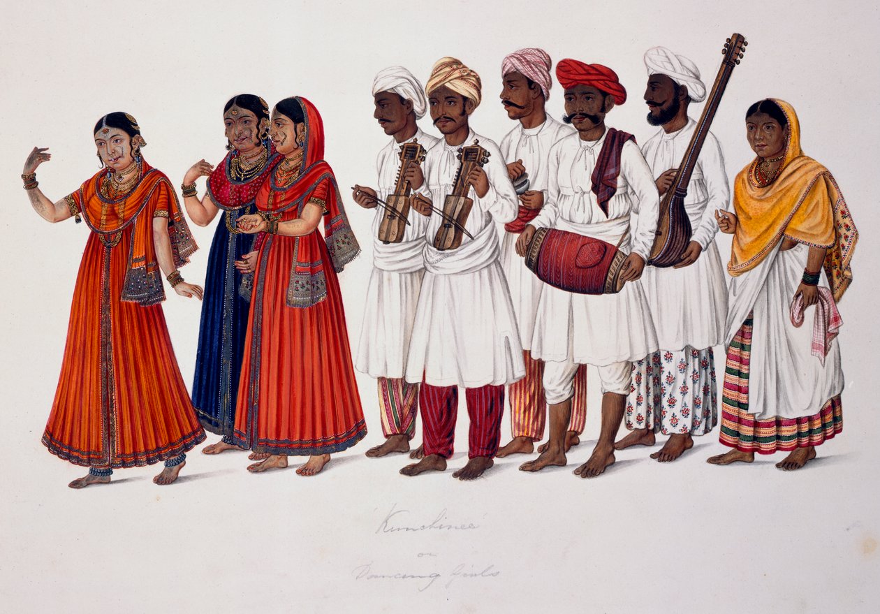 Tančící dívky a hudebníci, kolem 1828 (barevné lito) od Indian School