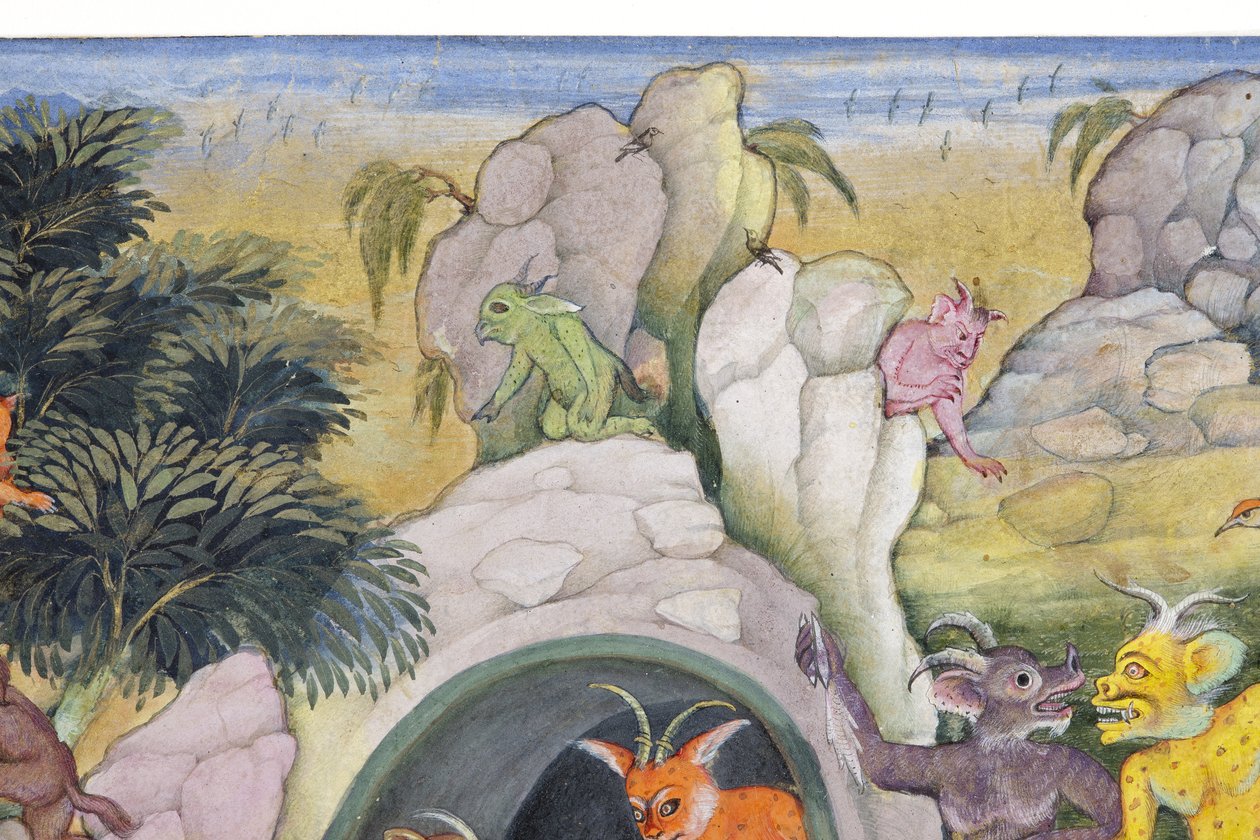 Detail z Demons in a Wild Landscape, cca 1600 (neprůhledné wc a zlato na papíře) od Indian School