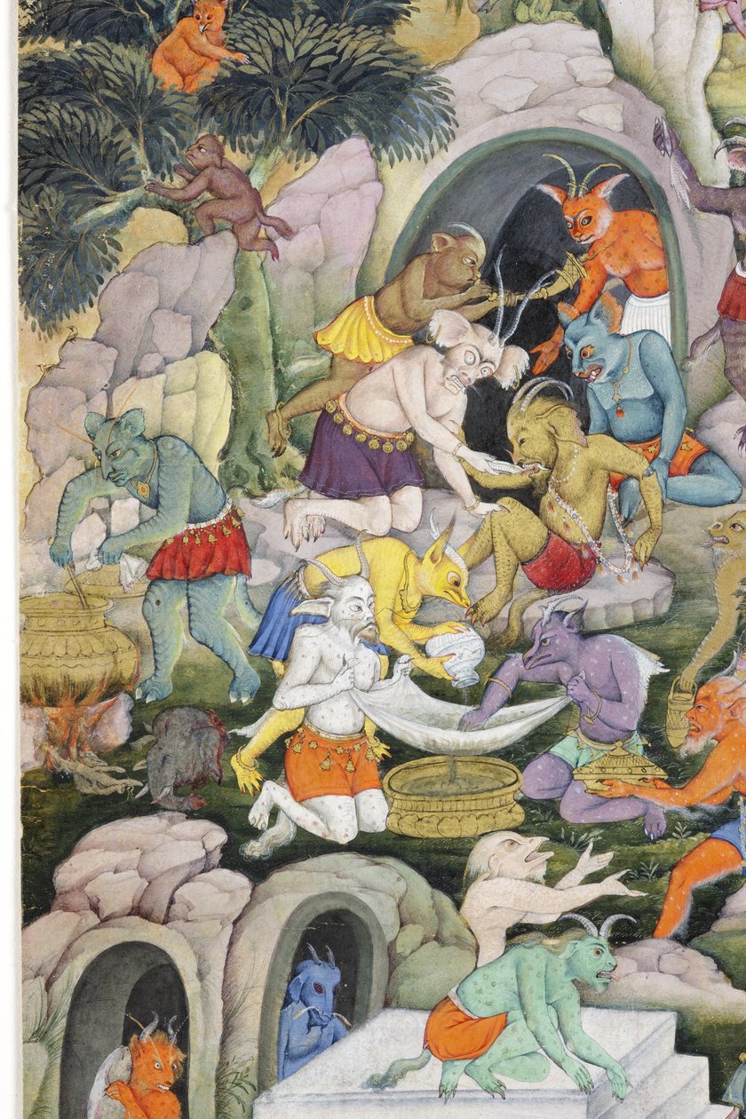 Detail z Demons in a Wild Landscape, cca 1600 (neprůhledné wc a zlato na papíře) od Indian School