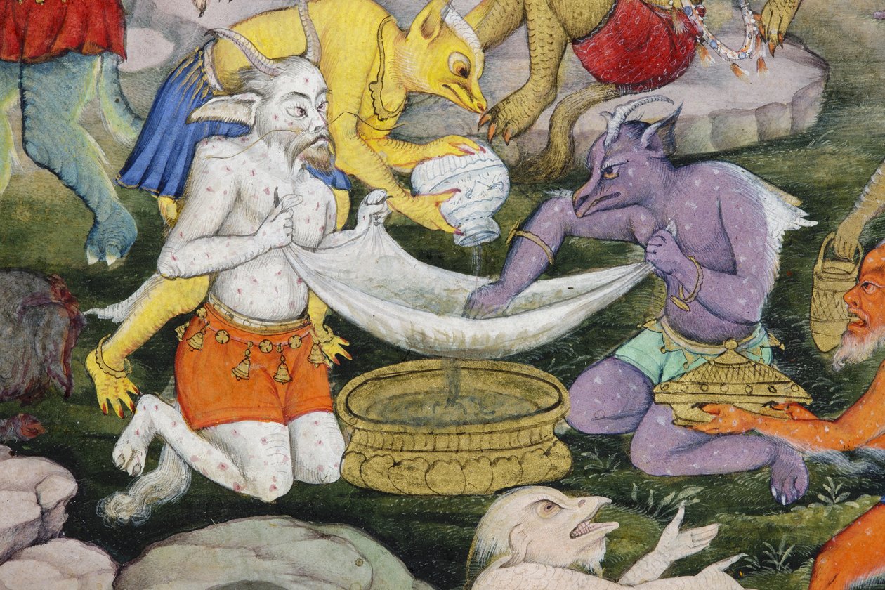 Detail z Demons in a Wild Landscape, cca 1600 (neprůhledné wc a zlato na papíře) od Indian School