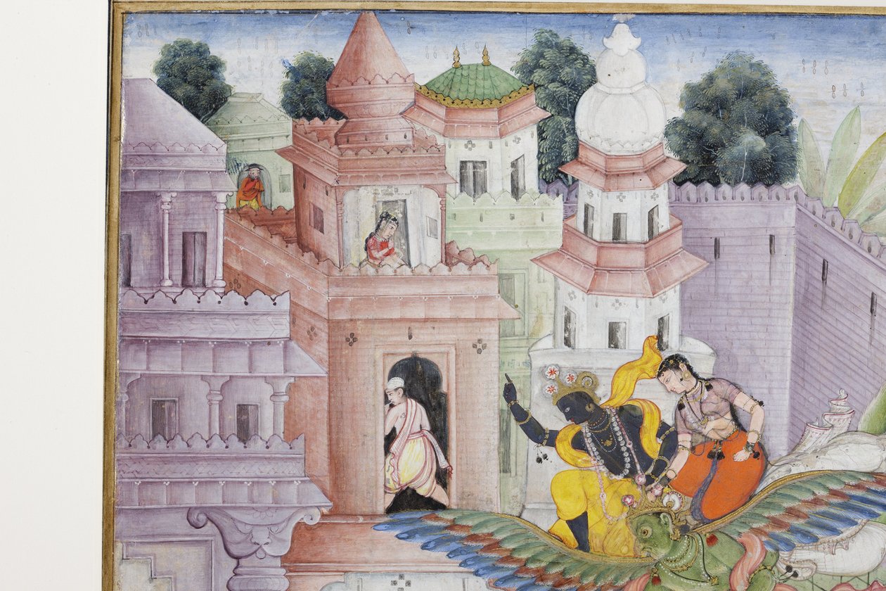 Detail z Krishna Cleaves the Demon Narakasura s jeho Discus, kolem 1585-90 (neprůhledné wc a zlato na papíře) od Indian School