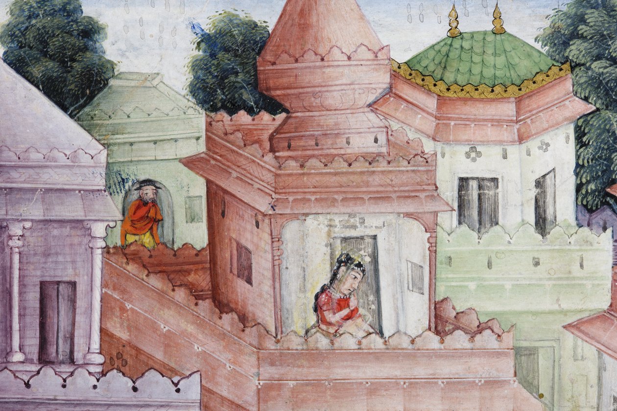 Detail z Krishna Cleaves the Demon Narakasura s jeho Discus, kolem 1585-90 (neprůhledné wc a zlato na papíře) od Indian School