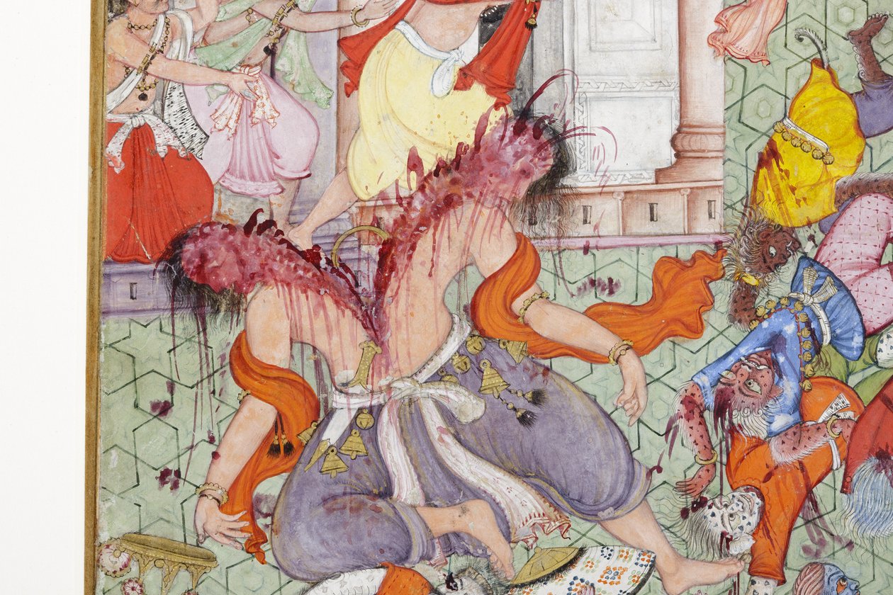 Detail z Krishna Cleaves the Demon Narakasura s jeho Discus, kolem 1585-90 (neprůhledné wc a zlato na papíře) od Indian School