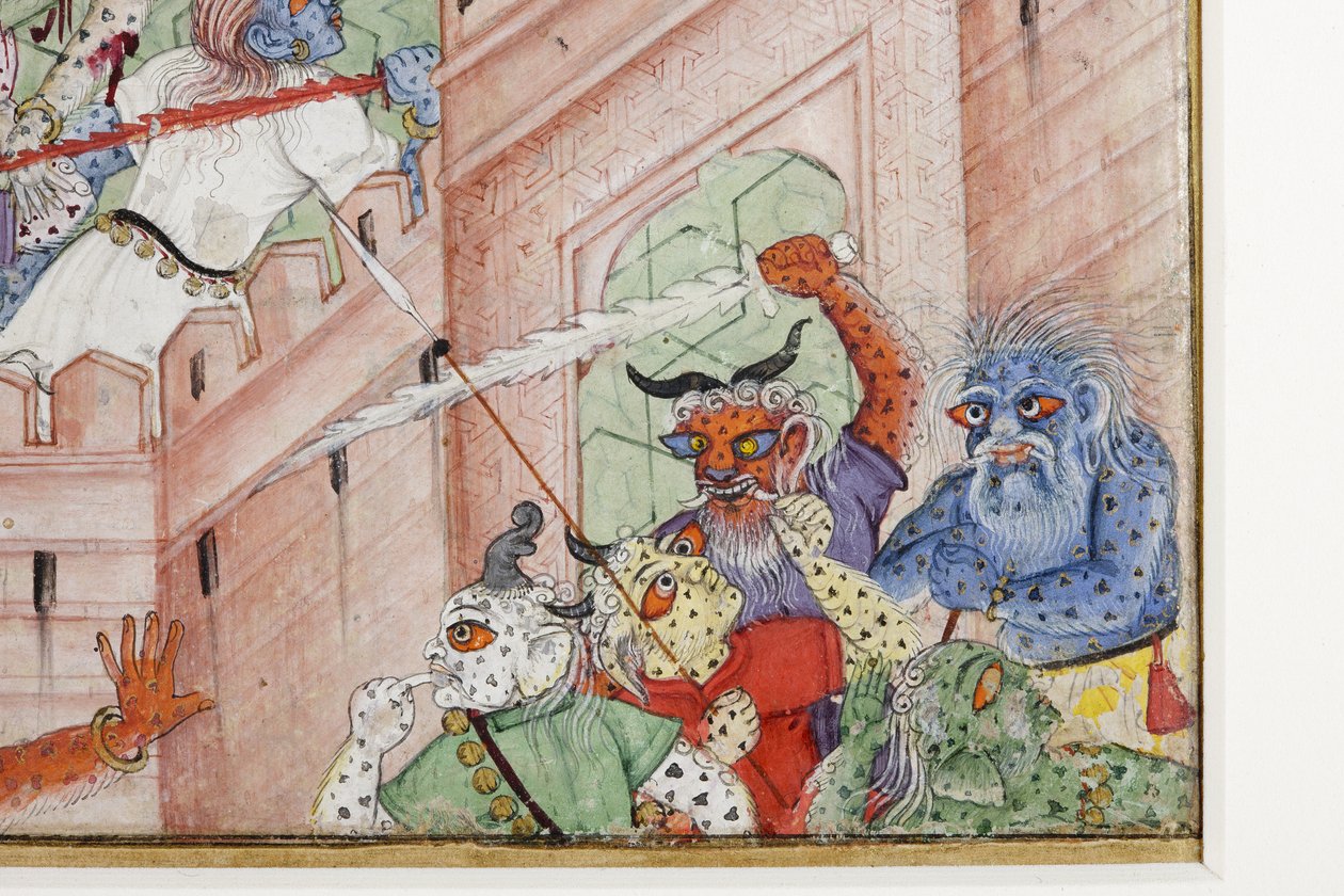 Detail z Krishna Cleaves the Demon Narakasura s jeho Discus, kolem 1585-90 (neprůhledné wc a zlato na papíře) od Indian School