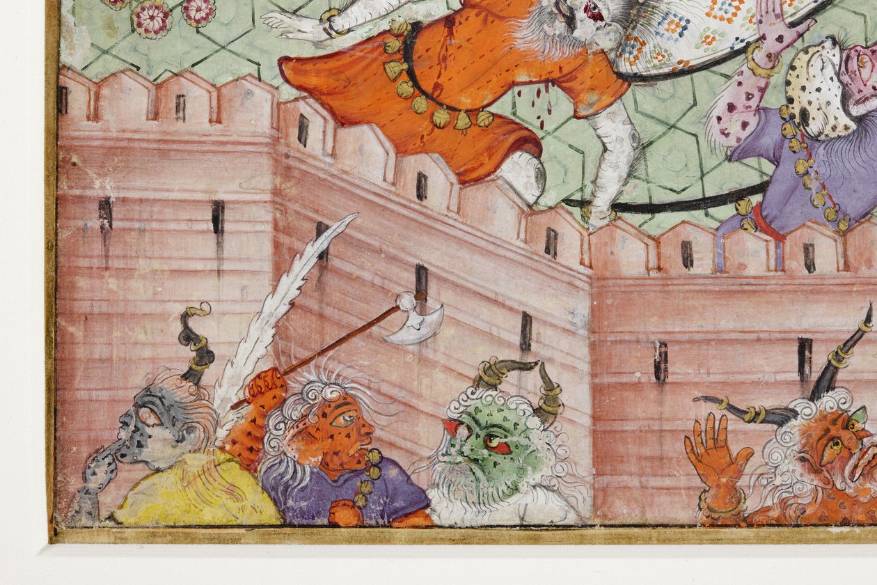 Detail z Krishna Cleaves the Demon Narakasura s jeho Discus, kolem 1585-90 (neprůhledné wc a zlato na papíře) od Indian School