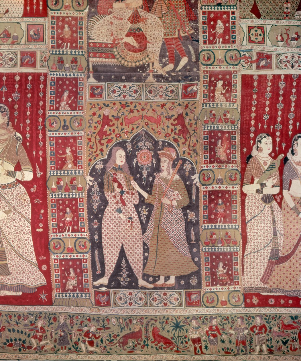 Detail nástěnného závěsu zdobeného evropskými postavami (malovaná bavlna) od Indian School
