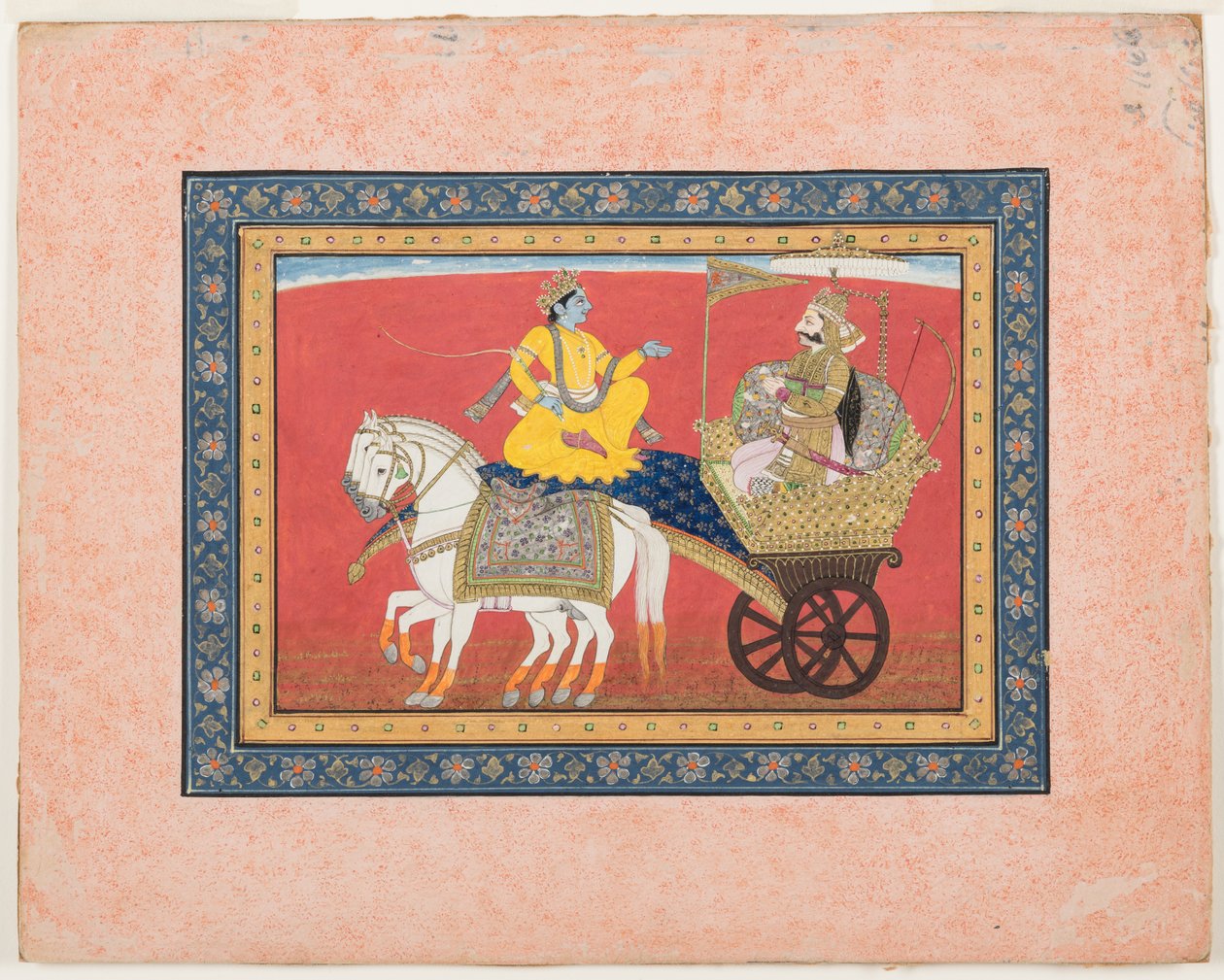 Dialog mezi Krišnou a Ardžunou na bitevním poli Kurukshetra, kolem roku 1820 (neprůhledný akvarel a zlato na papíře) od Indian School