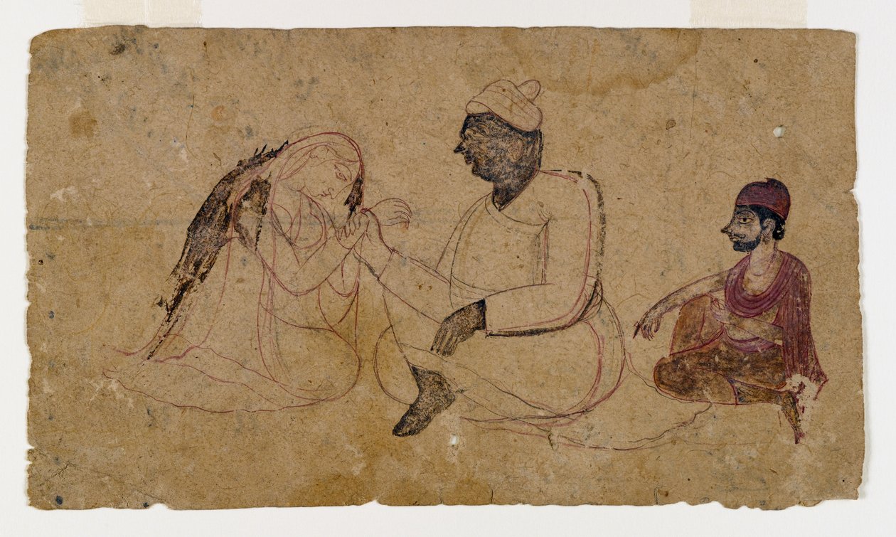 Kresba tří sedících postav, cca 1750 (inkoust a barva na papíře) od Indian School