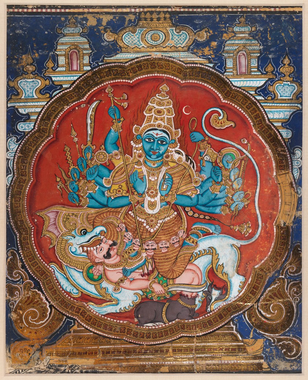 Durga Killing the Buffalo Demon (neprůhledný akvarel zdobený zlatými a lakovanými proužky) od Indian School