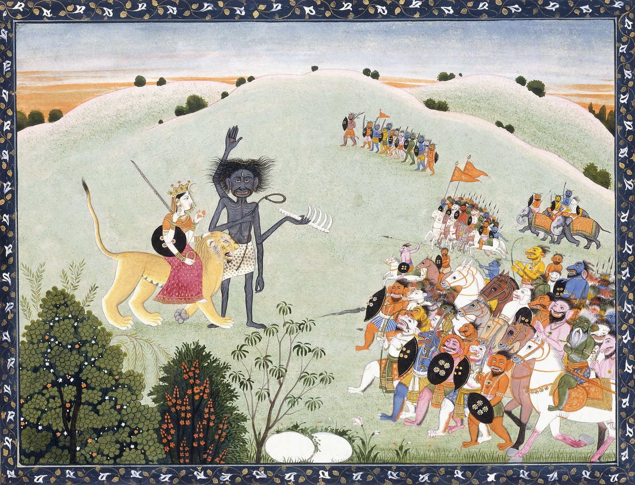 Durga a Kali stojící před postupujícím zástupem démonů, kolem 1800-1820 od Indian School