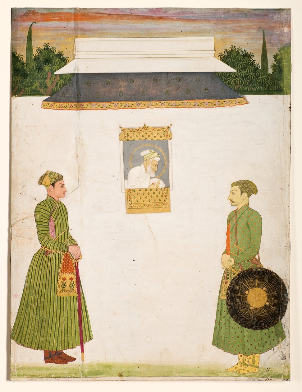 Císař Aurangzeb u okna jharokha, dva šlechtici v popředí, kolem 1710 (neprůhledné wc zlato na papíře) od Indian School