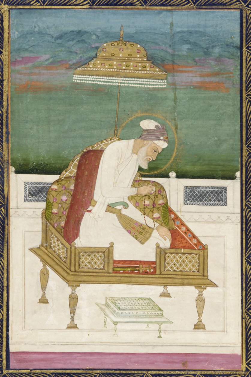 císař Aurangzeb; rub: kaligrafický panel, oddělené albové folio s malbou, 1619 od Indian School