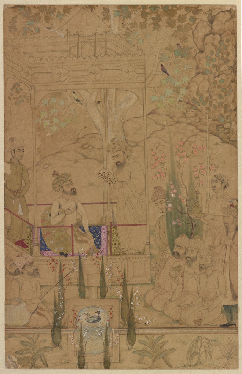 Emperor Babur with Attendants in a Garden, c.1590 od Indian School