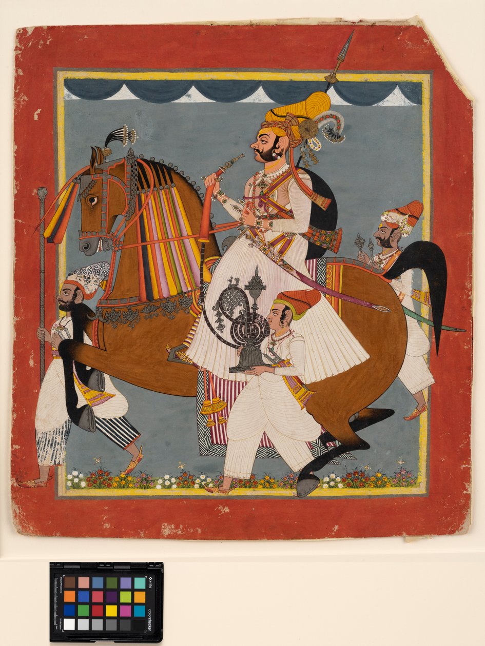 Jezdecký Raja Bhim Singh s vodní dýmkou a služebnictvem, cca 1820 (neprůhledný w/c, zlato a stříbro na papíře) od Indian School