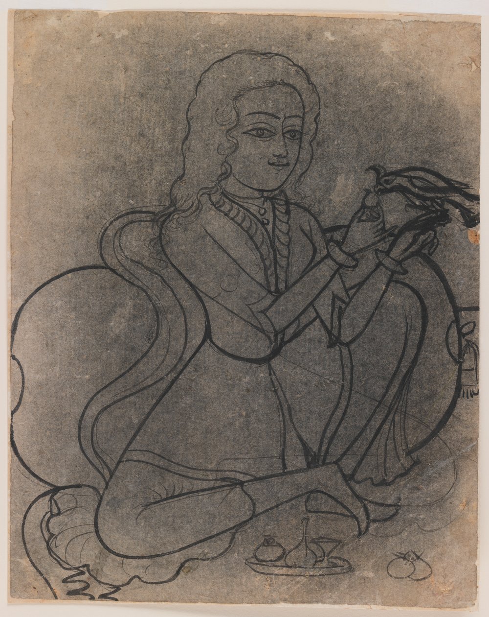 Evropská dívka krmící papouška, cca 1780 (inkoust na papíře, vrhnutý pro přenos) od Indian School