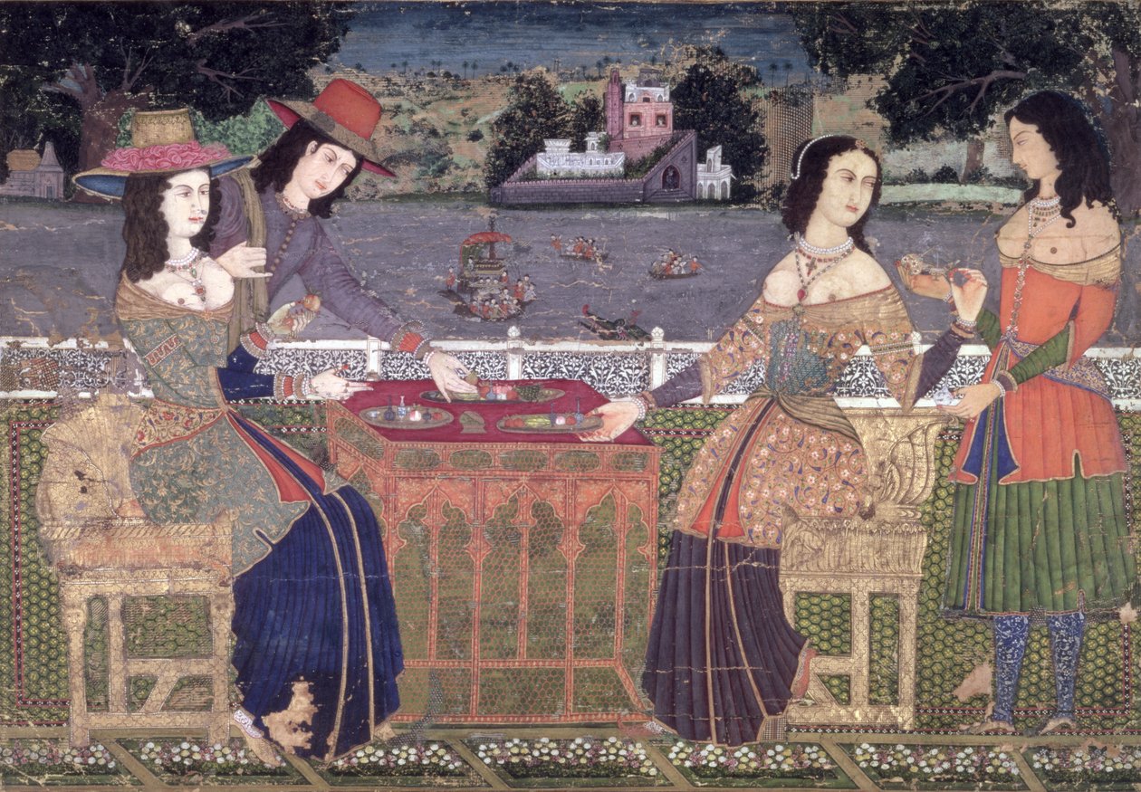Evropané se osvěžují na balkóně, Mughal, případně Deccan (neprůhledné wc na papíře) od Indian School