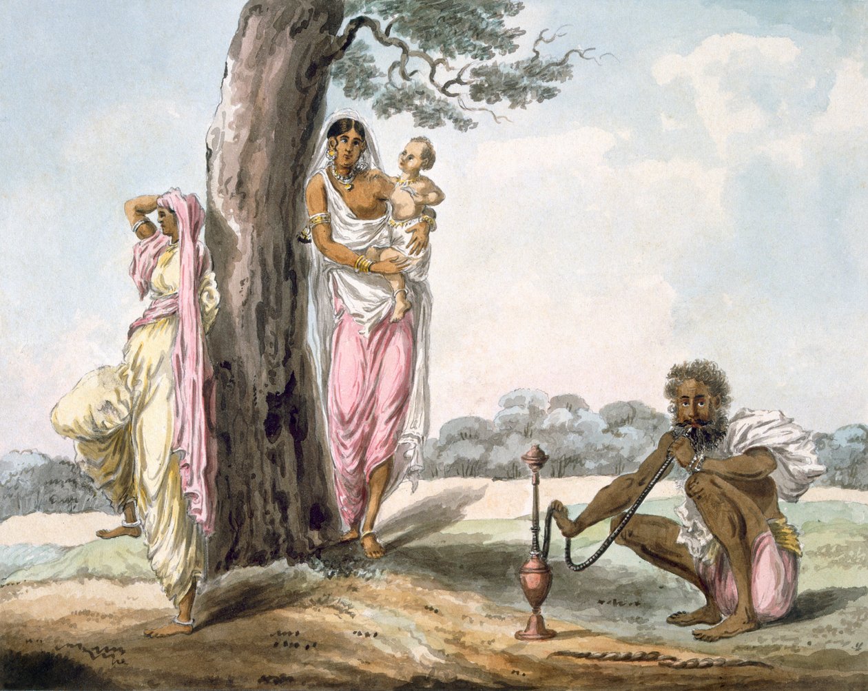 Rodina: Muž kouří vodní dýmku a dívka dělá jógu, c1850. od Indian School