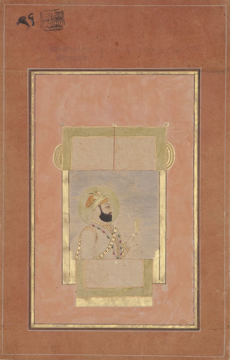 Farrukh Siyyar sedí u okna a drží zlatý sarpech, kolem roku 1715 (neprůhledné wc a zlato na papíře) od Indian School