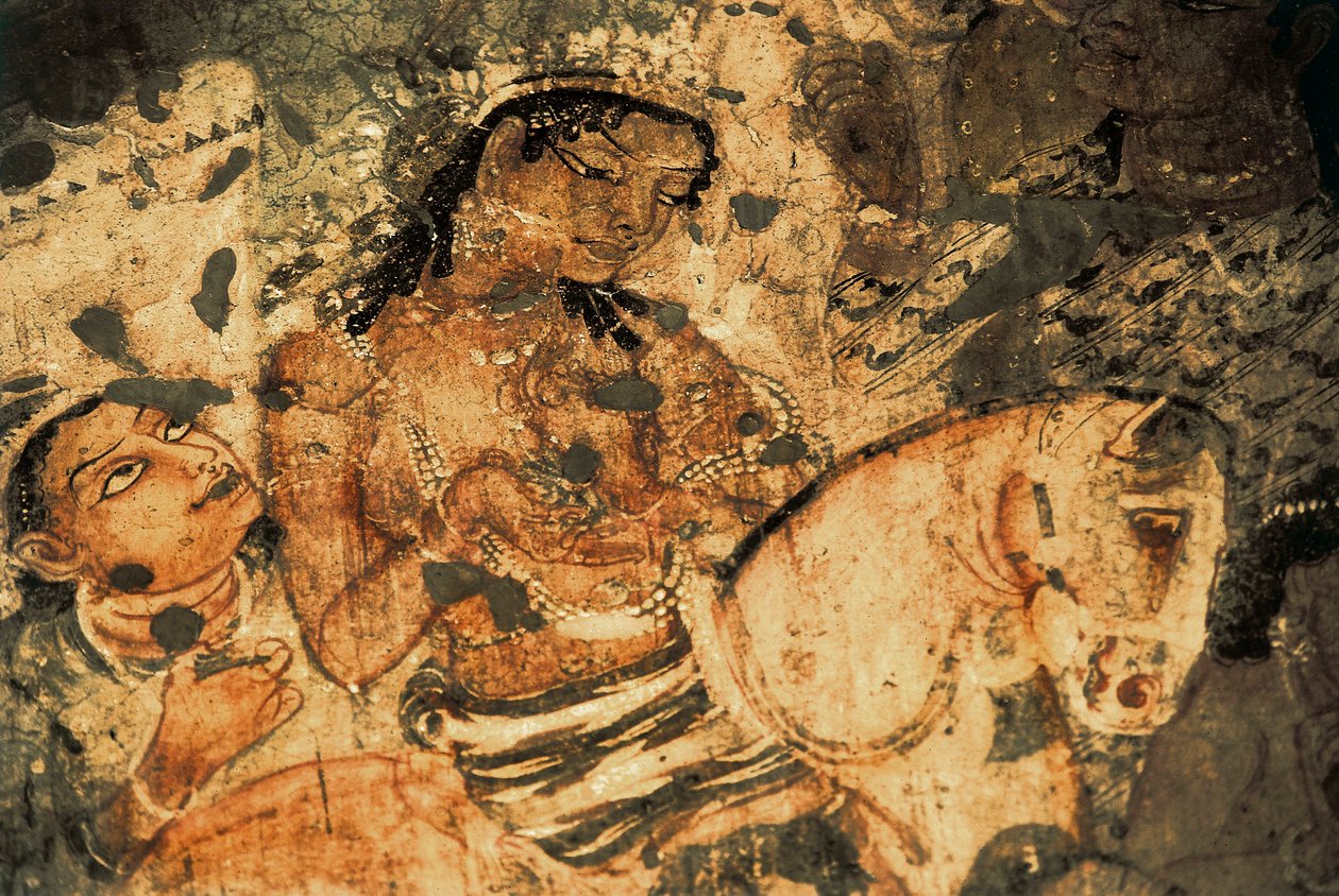 Postava ženy na hřbetě koně, Nástěnná malba v jeskyních Ajanta (číslo 1), období Gupta, 5.-6. století (malba) od Indian School