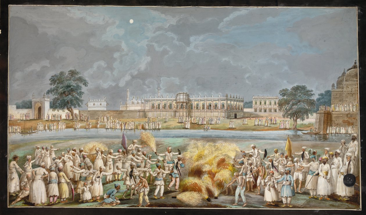 Ohňostroj za jasné měsíční noci před Agna Mahal, část Nawabova paláce u řeky v Murshidabad, kolem 1790-1800 (akvarel na papíře) od Indian School