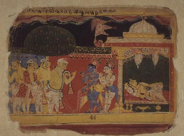 Folio. Nanda se loučí s Krišnou a Balarámou z ‚Bhagavita Purana‘, Rádžasthán od Indian School